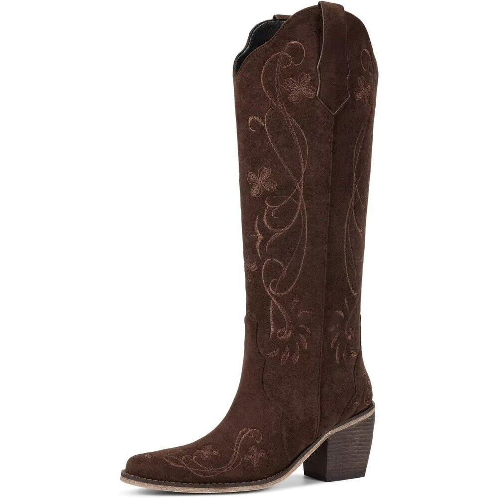Women's Chocolate Knee High Cowgirl Boots Western Boots with Floral Embroidered